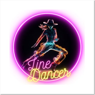 Neon Line Dancing Cowgirl Posters and Art